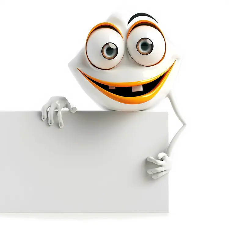 Smiling White Cartoon Character with Sign