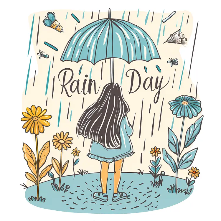 Girl with Blue Umbrella on Rainy Day