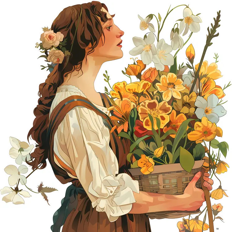 Woman Holding a Basket of Flowers