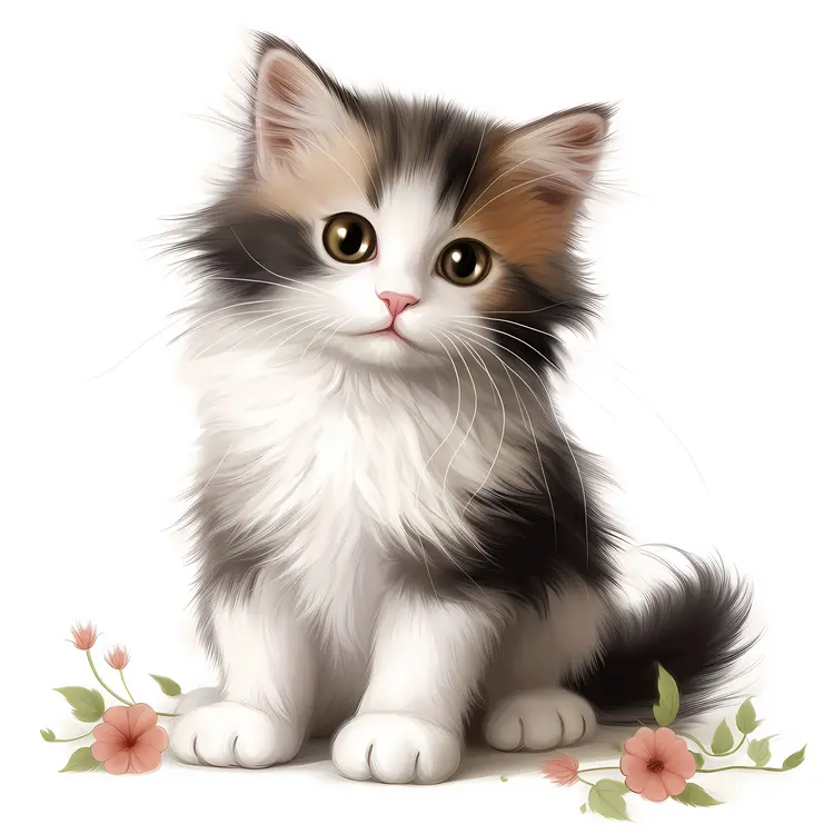 Fluffy Kitten with Flowers