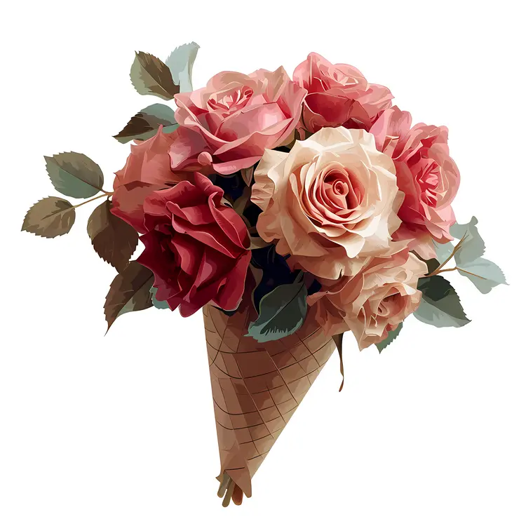 Pink Roses in Waffle Cone Illustration
