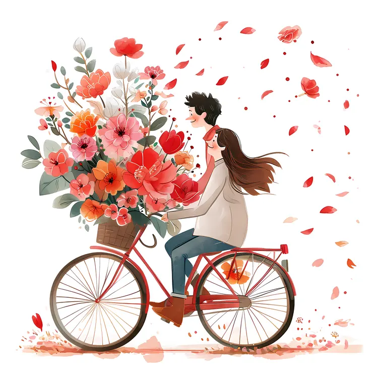 Romantic Couple Riding Bicycle with Flowers