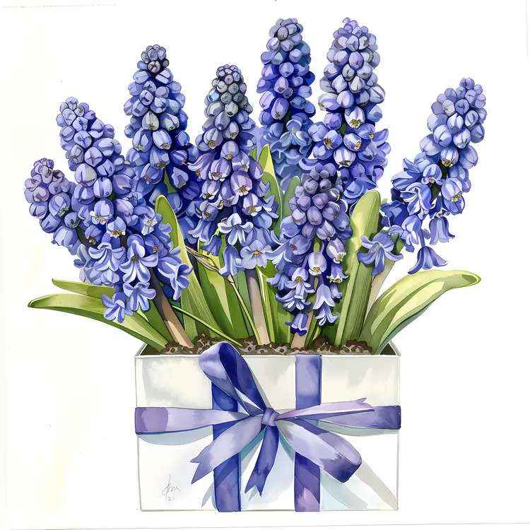 Blue Hyacinth in a Gift Box with Ribbon