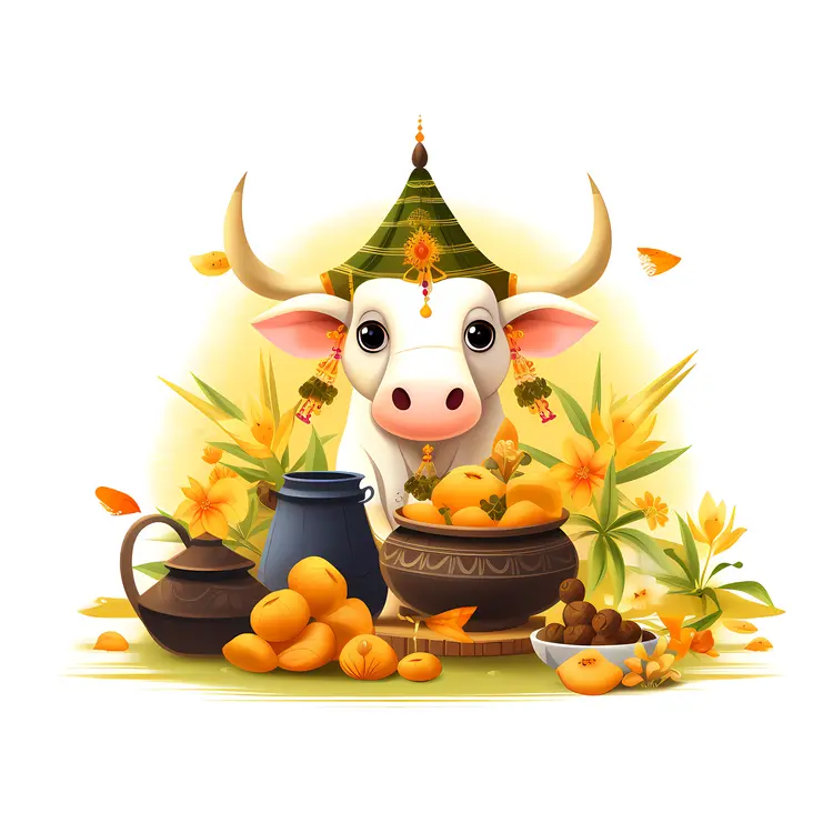 Decorated Cow with Flowers and Food