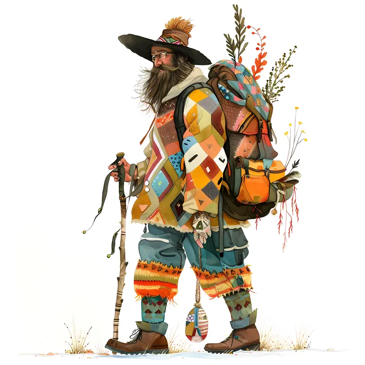 Colorful Hiker with Backpack and Walking Stick