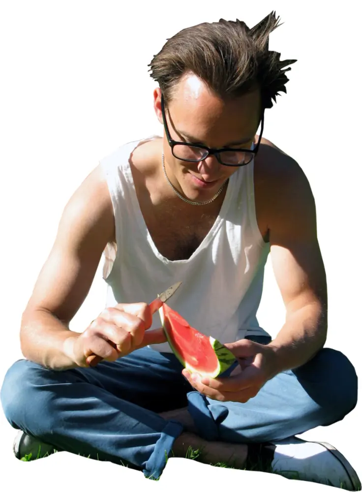 Casual Man Eating Watermelon
