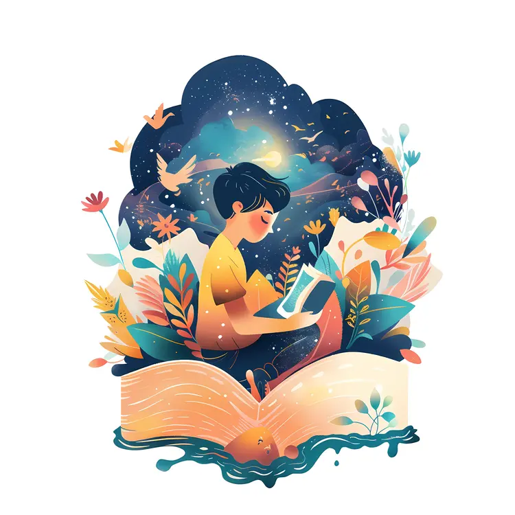 Boy Reading a Book in a Magical Nature Setting