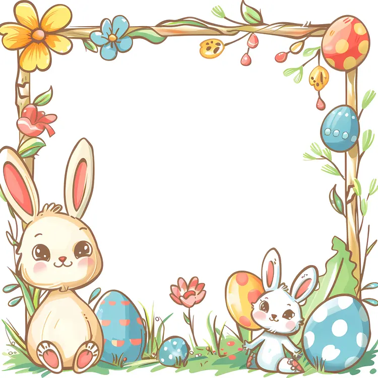 Easter Bunnies with Colorful Eggs and Flowers