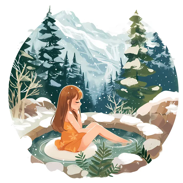 Girl Relaxing in Hot Spring in Winter Mountains