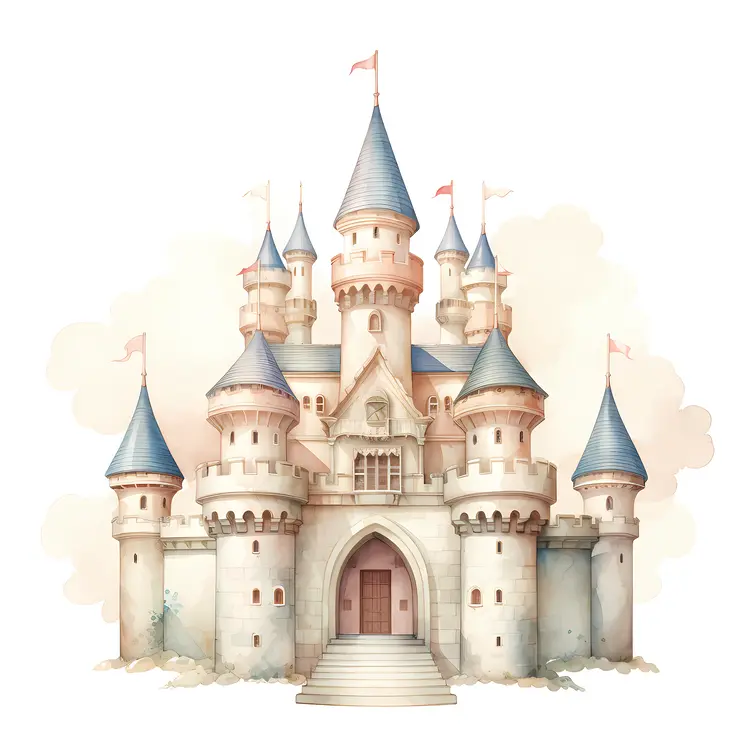 White Fantasy Castle with Turrets and Flags