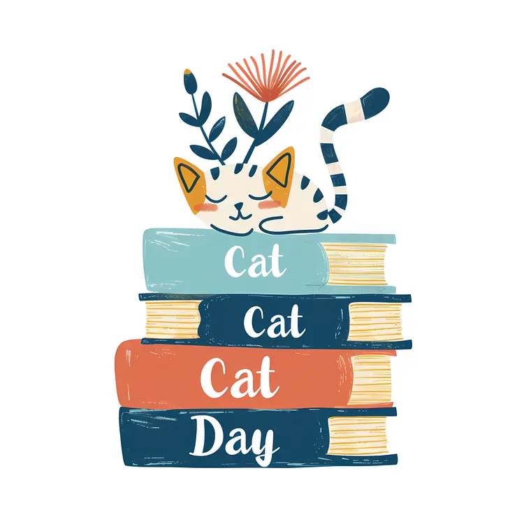 Cute Cat on Stack of Books with Flower