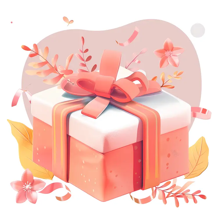Pink Gift Box with Ribbon and Flowers
