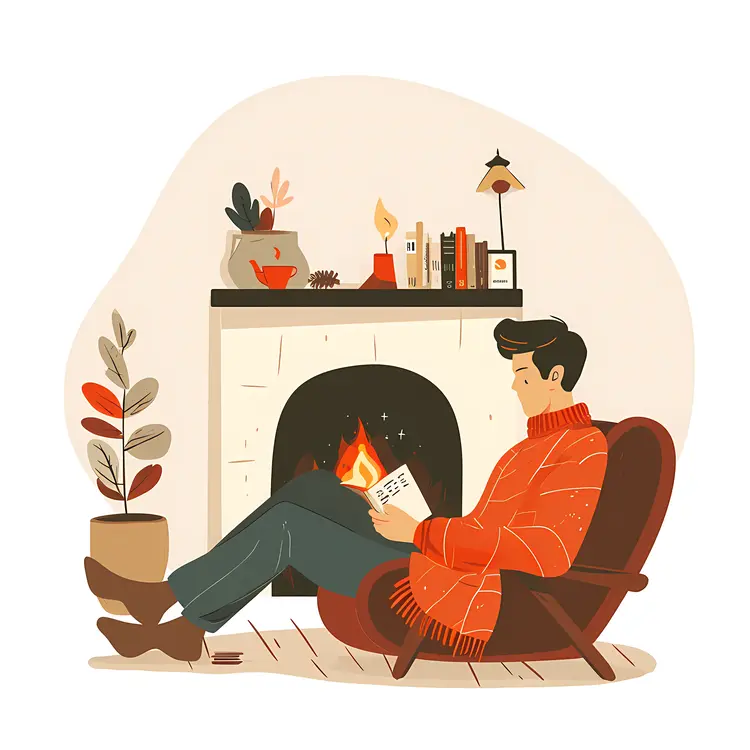 Cozy Man Reading Book by Fireplace