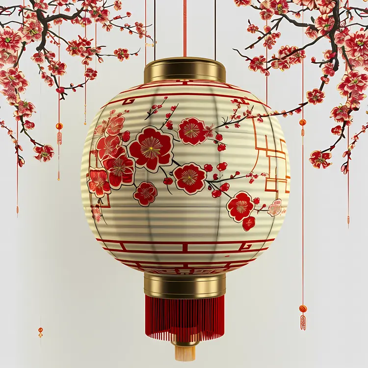 White Lantern with Red Flowers and Cherry Blossoms