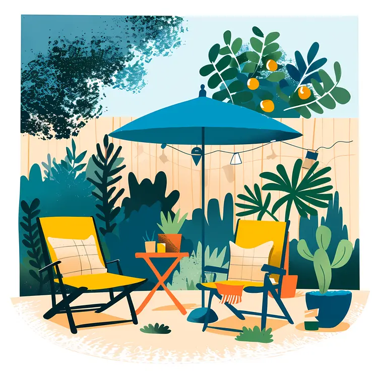 Relaxing Garden with Blue Umbrella and Chairs
