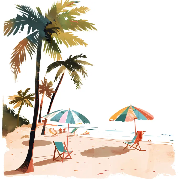 Tropical Beach with Palm Trees and Umbrellas