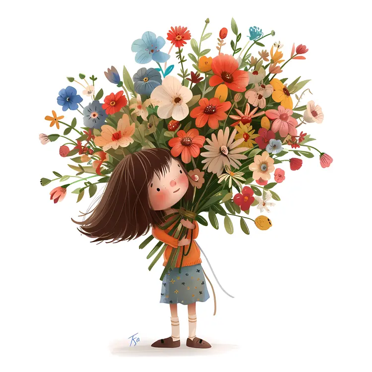 Girl Holding a Large Bouquet of Colorful Daisies