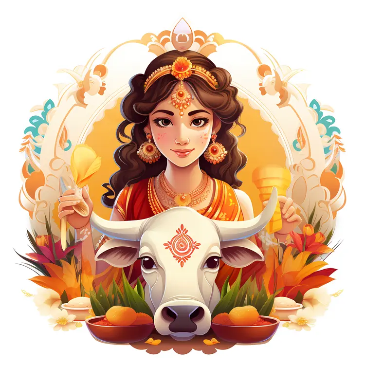 Woman and Cow with Flower and Food