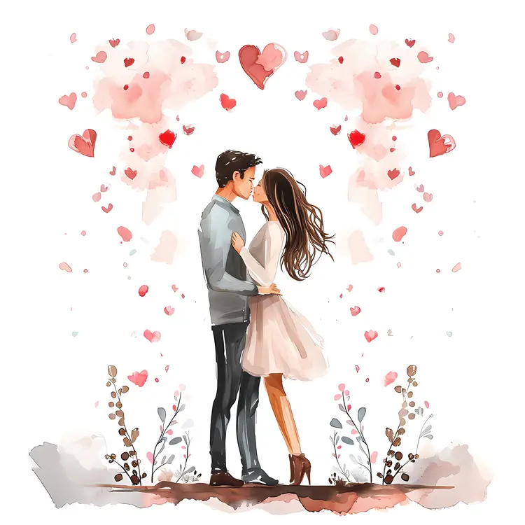 Couple Embracing with Hearts in the Background