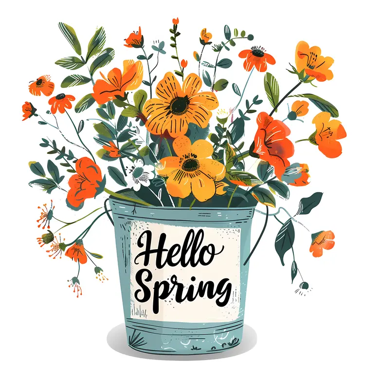 Bucket with Orange and Yellow Flowers