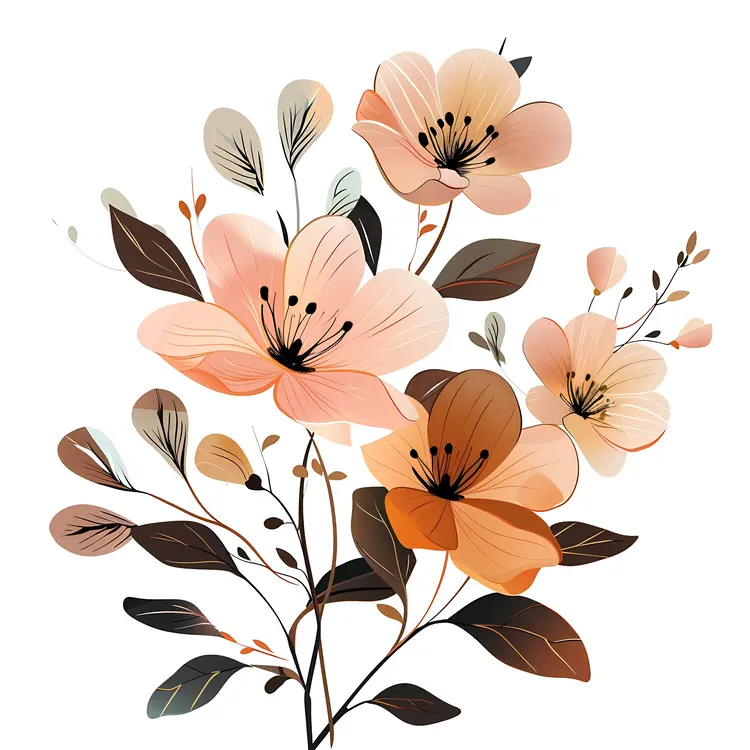 Peach Flowers with Leaves and Stems