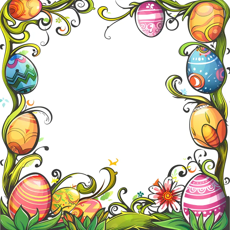 Colorful Patterned Easter Eggs with Spring Flowers