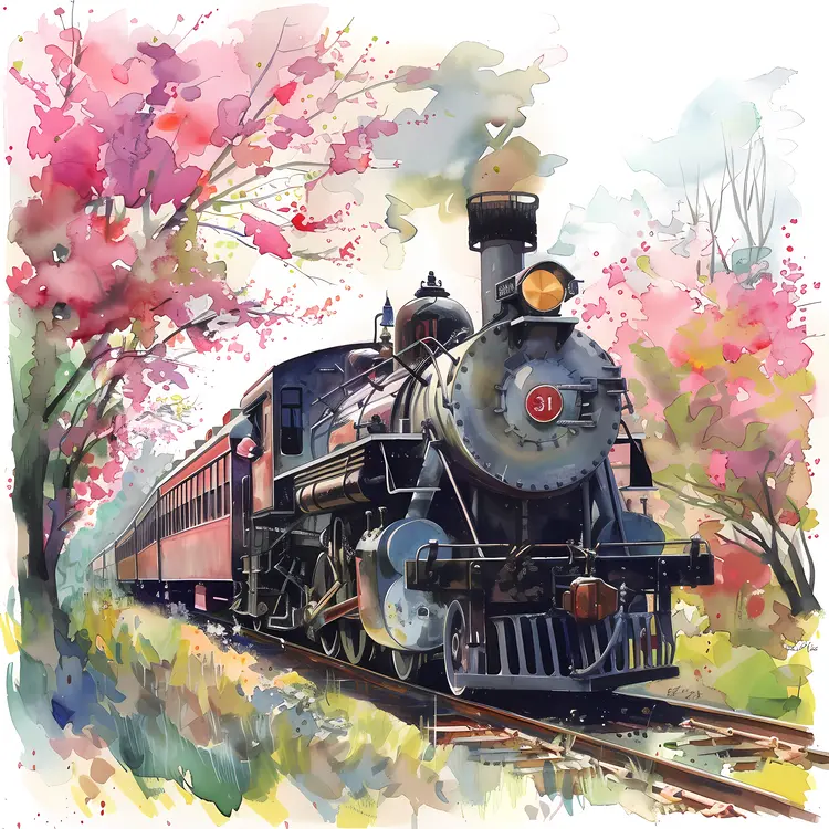 Vintage Steam Train with Cherry Blossoms