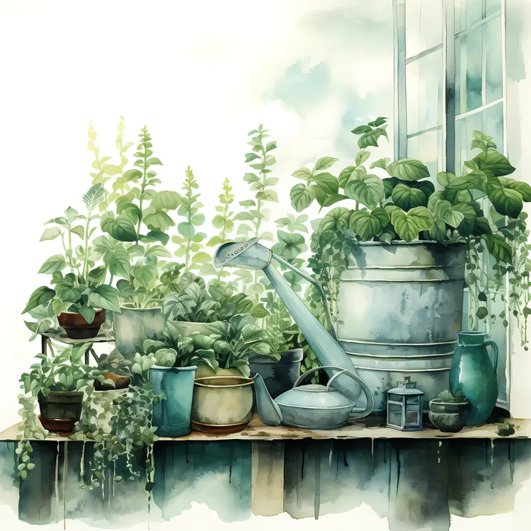 Watering Can and Pots with Plants Illustration
