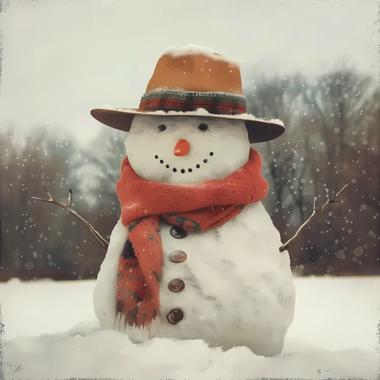 Cute Snowman with Hat and Scarf in Winter