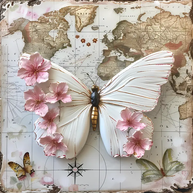 Butterfly with Map and Floral Elements