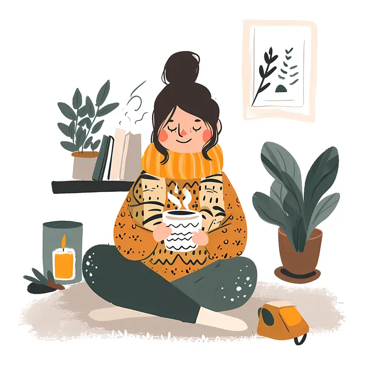 Cozy Woman with Mug and Plants