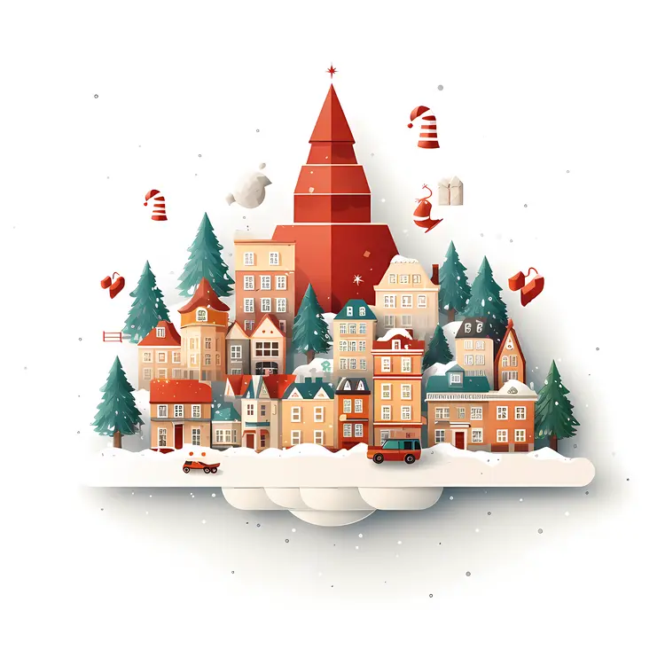 Snowy Christmas Village with Decorations