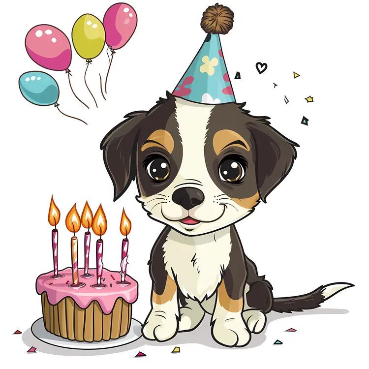 Black and White Puppy with Birthday Hat and Cake