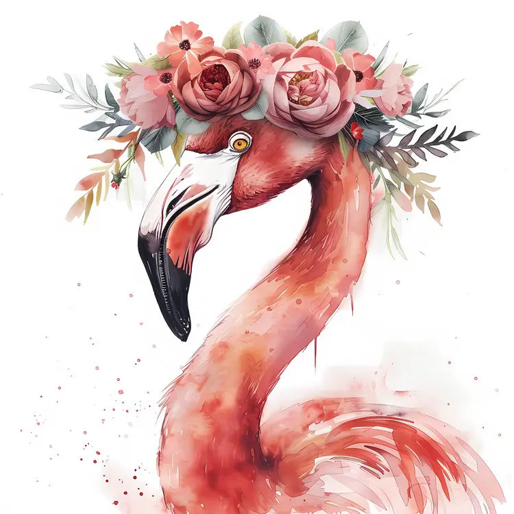 Flamingo with Flower Crown Watercolor Art