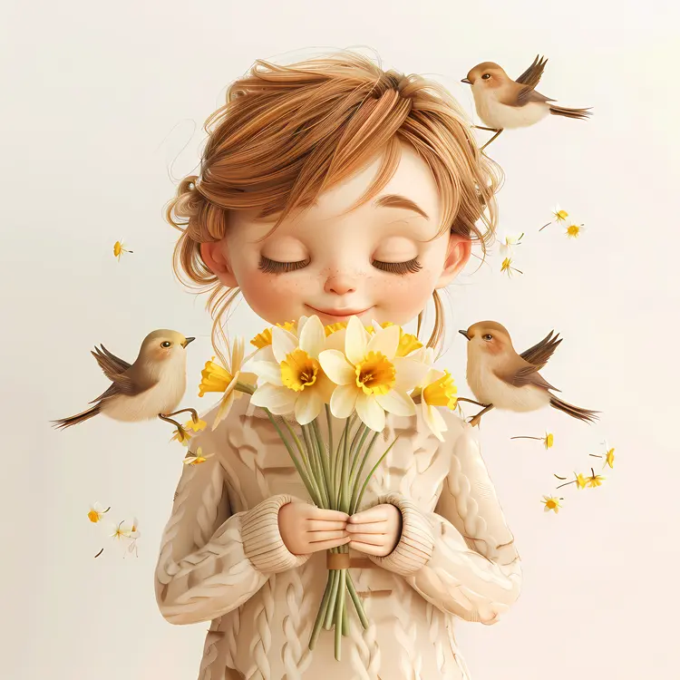 Girl Holding Daffodils with Birds Illustration
