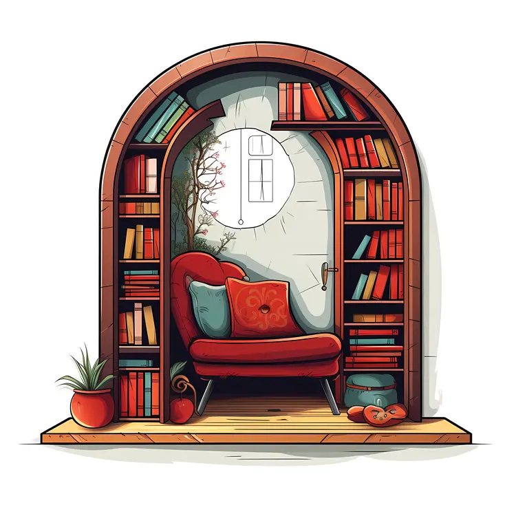 Stylish Red Armchair with Bookshelf and Plants