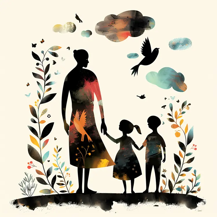 Silhouette of a Family Holding Hands with Nature Elements