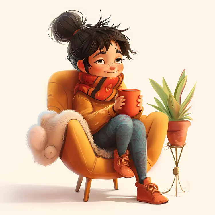 Cozy Girl with Mug and Plant