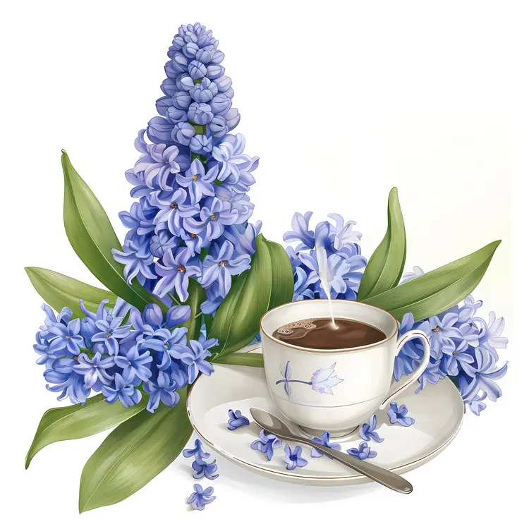 Coffee cup with blue hyacinth flowers