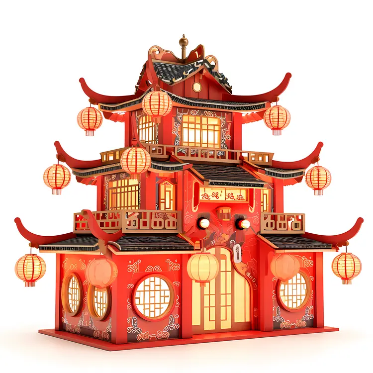 Red Chinese House with Many Lanterns