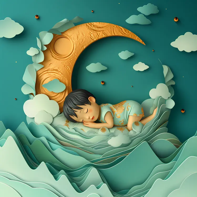 Sleeping Child with Black Hair in Cloudy Night