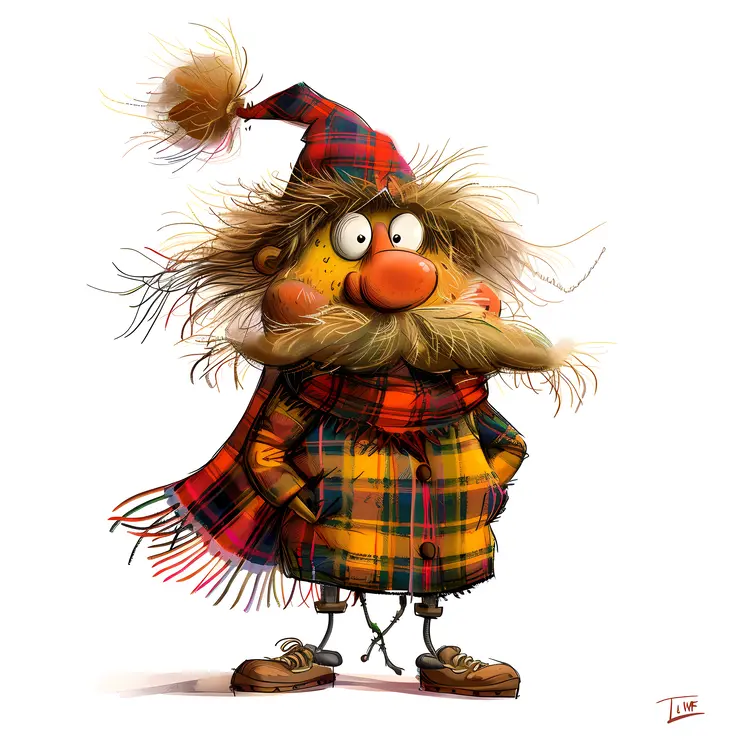 Cartoon Old Man in Plaid Coat