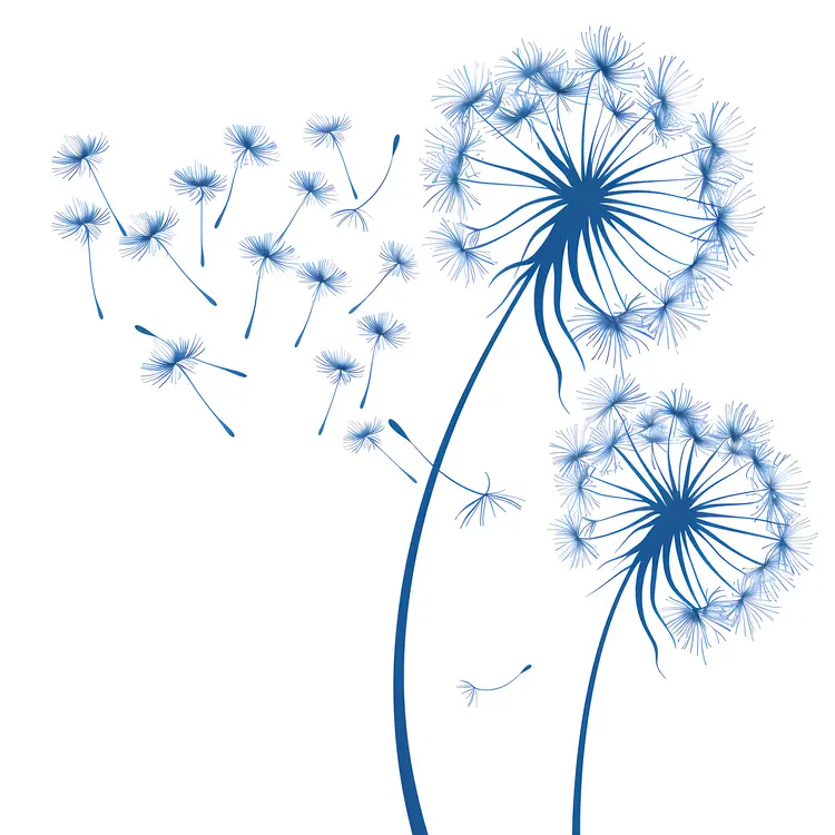 Blue Dandelion Illustration with Seeds Blowing