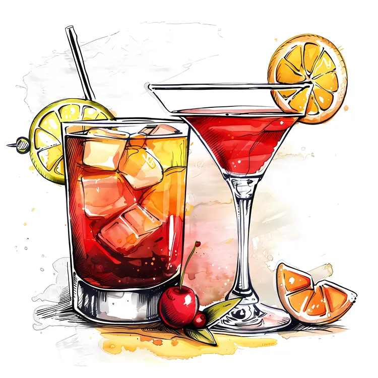 Two Cocktails with Lemon and Cherry