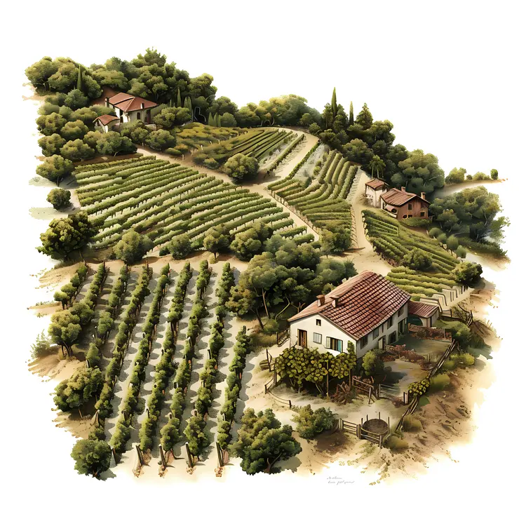 Vineyard with Small Houses and Trees