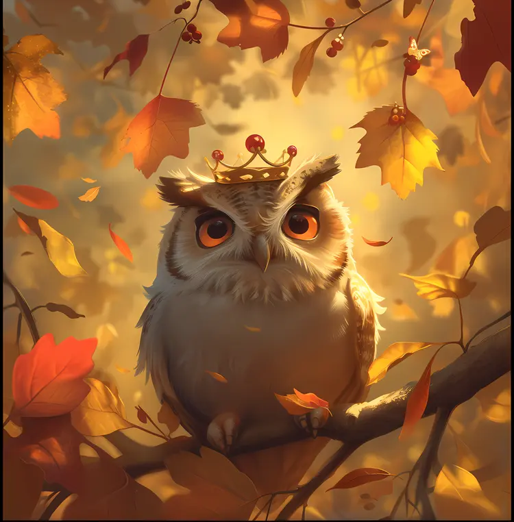 Owl with Crown in Autumn Setting