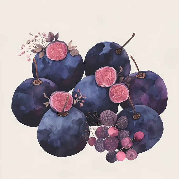 Watercolor Blueberries with Leaves
