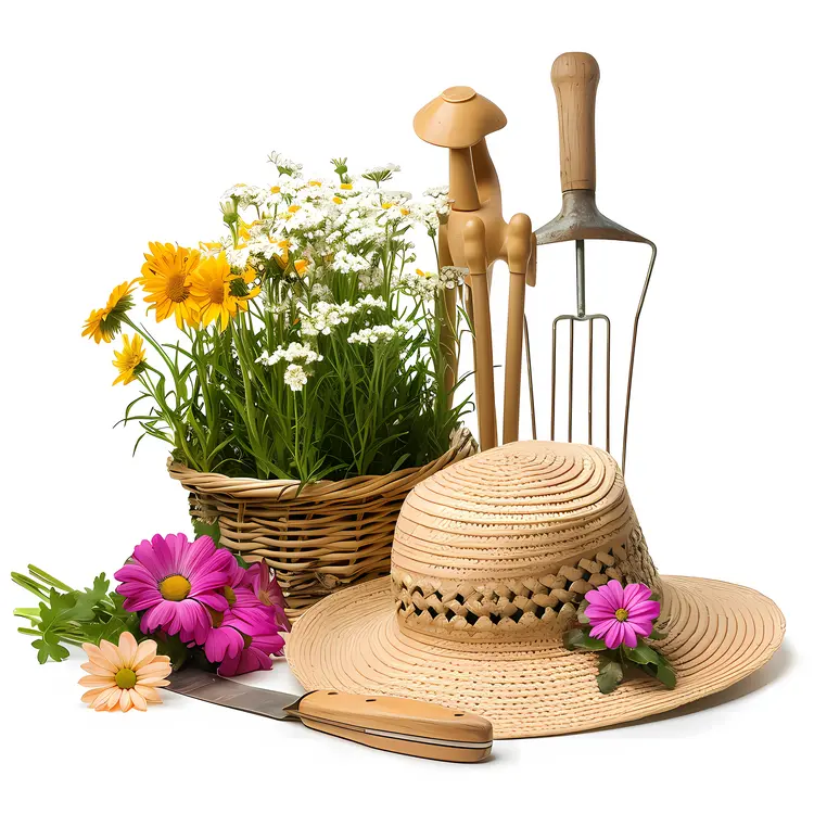 Gardening Tools and Flowers with Straw Hat