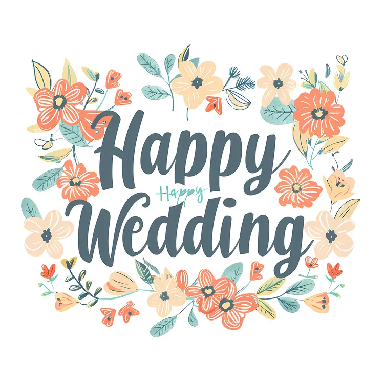Happy Wedding Text with Flowers Illustration
