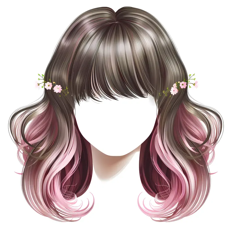 Curly Hair with Pink Highlights and Flowers